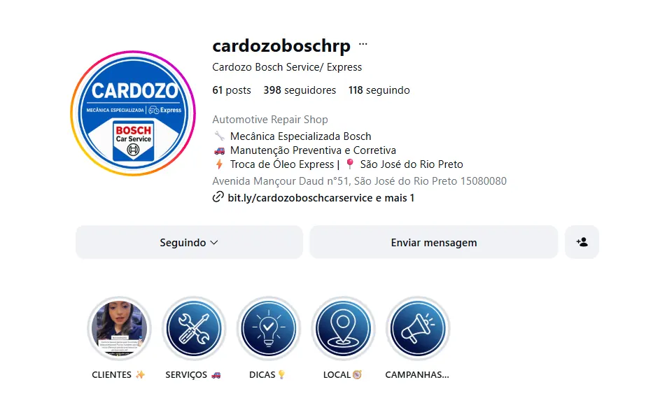 Perfil Instagram Cardozo Bosch com destaques de clientes, serviços e dicas